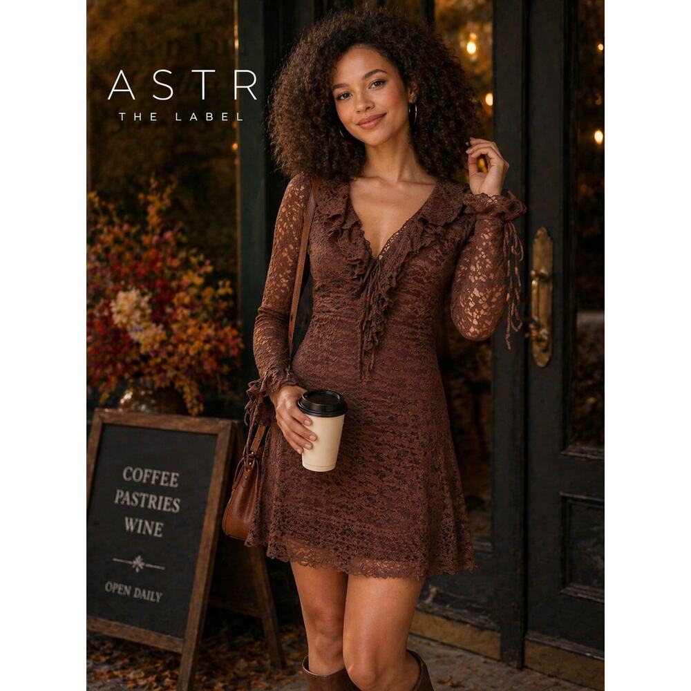 ASTR The Label Chocolate Brown Lace Ruffle Dress Size S NWT Romantic Mini
